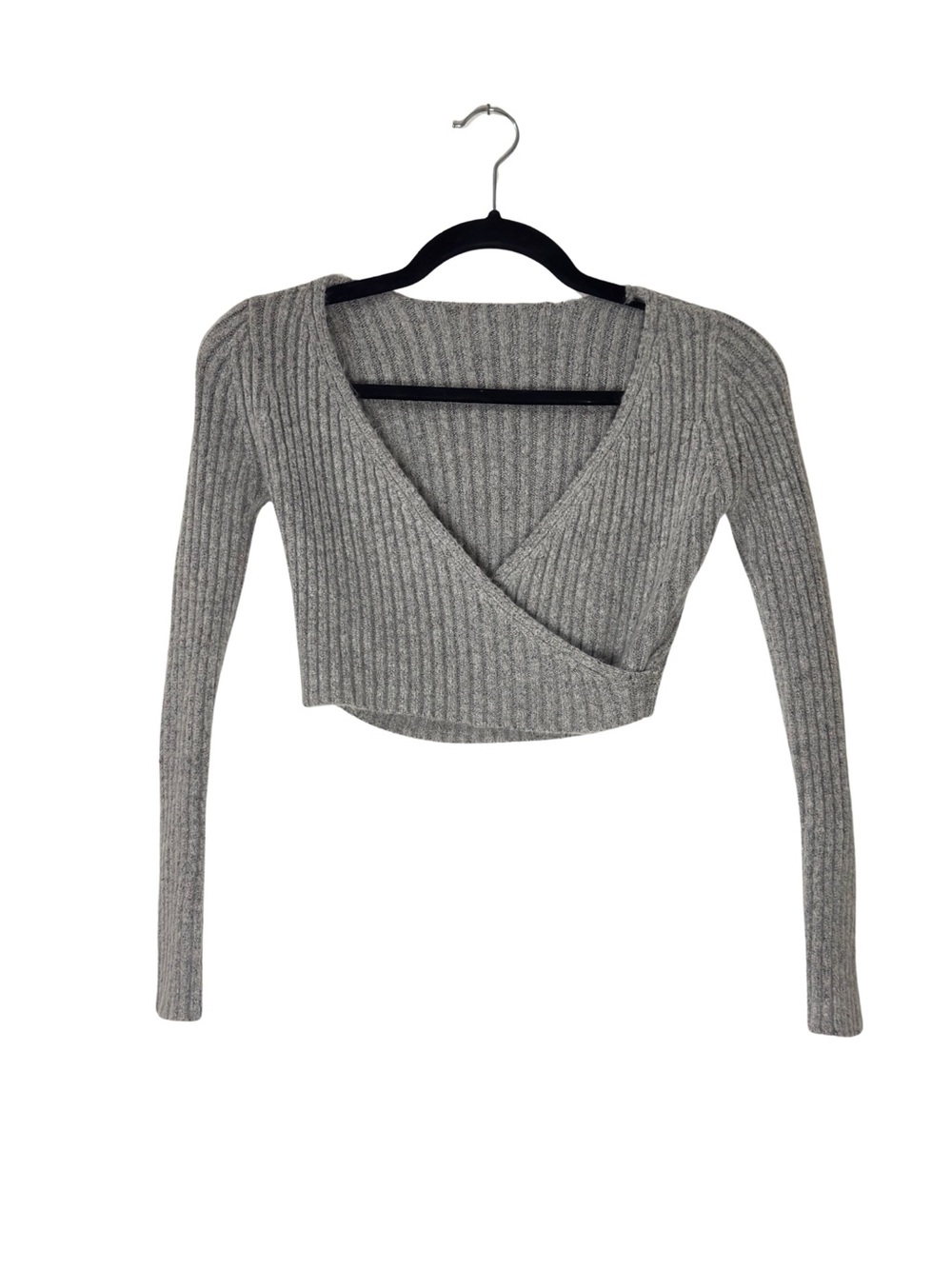 Grey Ribbed Knit Wrap-Front Crop Top